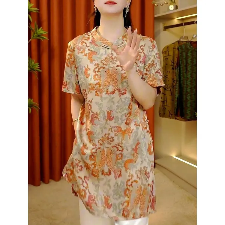 时尚轻奢高级感印花短袖衬衫夏季新款盘扣立领国风中长款衬衣