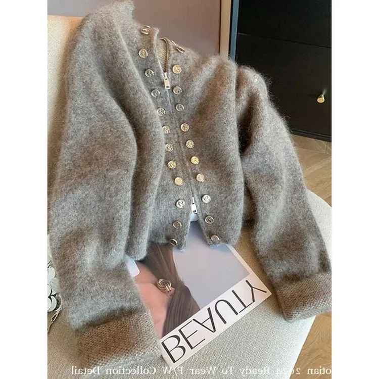 NUMEN BUTTON/灵扣双排扣立领拉链毛衣开衫2025复古宽松针织外衫