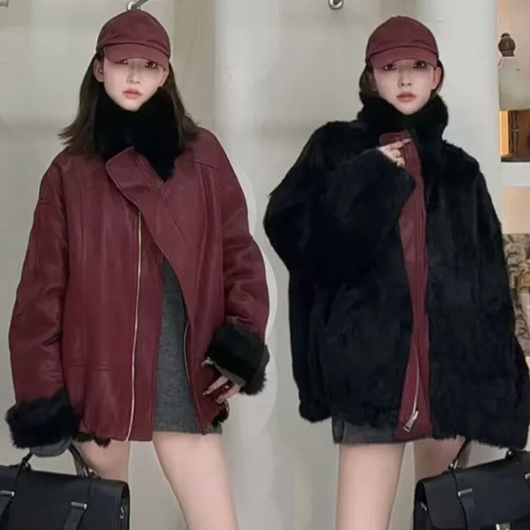 2025秋冬新款双面穿彷兔毛时尚短款韩版派克服保暖防寒百搭通勤感
