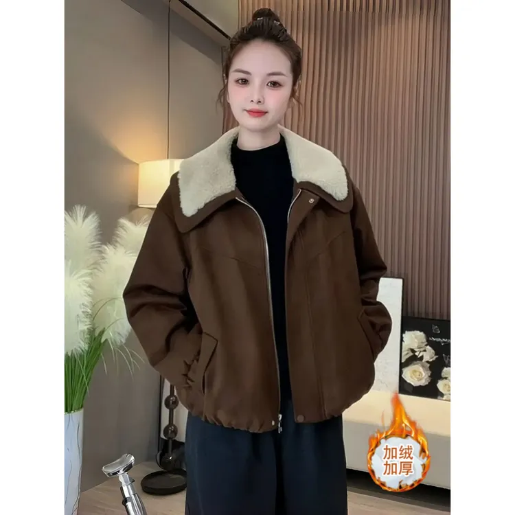 【全额运费补贴】麂皮绒外套女冬宽松显瘦加绒加厚保暖翻领夹克上衣