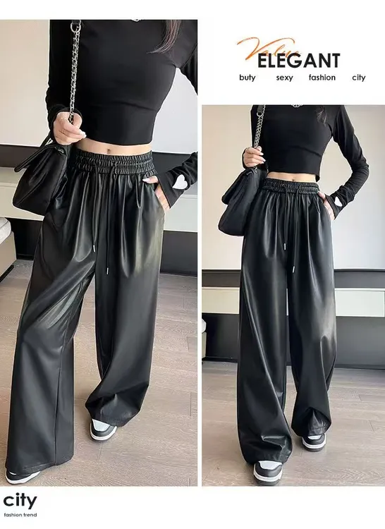 复古垂感加绒PU皮裤女春秋新款加绒高腰阔腿皮裤宽松小个子休闲裤