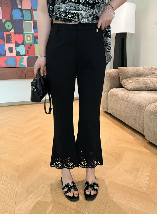 琪琪怪怪大码女装【花边裤】休闲显瘦设计感9分微喇裤P47363QTQ