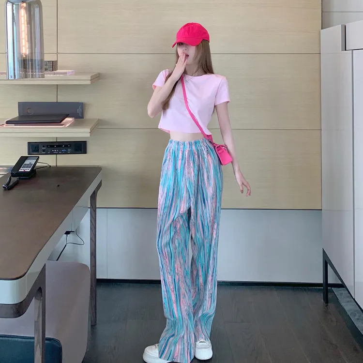 阔腿裤女夏季粉色直筒裤时尚套装休闲裤长裤高腰宽松垂感拖地裤子