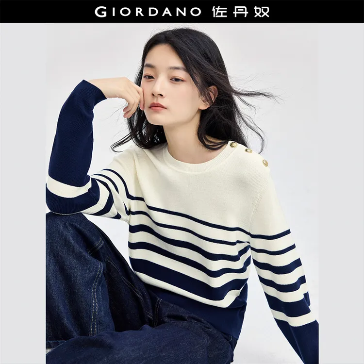 【卢正义明星款】佐丹奴撞色条纹纽扣圆领气质长袖针织衫18354918