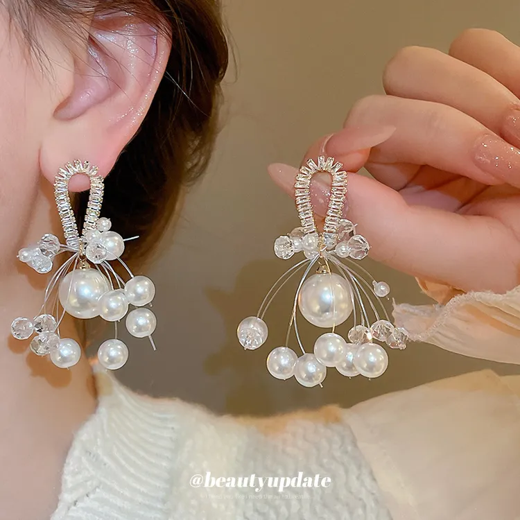 MEISHU/魅属 铜合金锆石耳饰 法式气质珠珠流苏耳环轻奢小众时尚