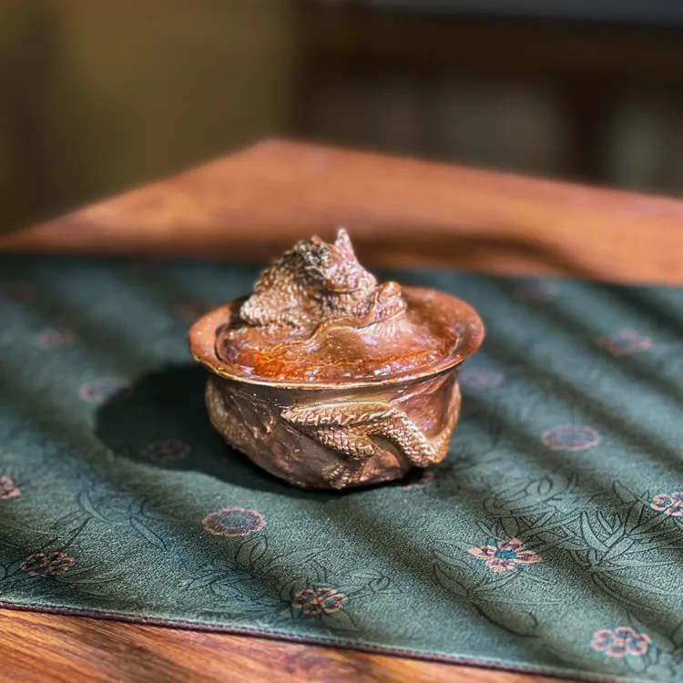 【茗器堂-刘荣富柴烧】160ml盘龙盖碗.黄陶（晃盖泥纹） 国工 