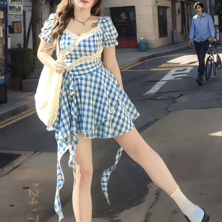 _【鱼白专属】格子夏新款微胖连衣裙显瘦甜美短裙裙子7068