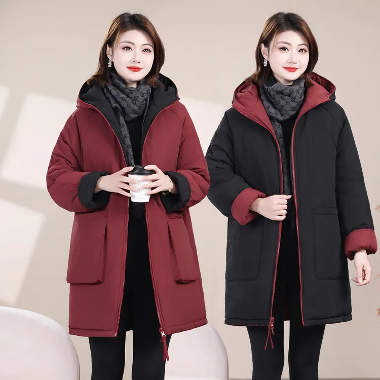 高质感双面穿连帽棉服中年棉袄中长款棉服老年人女款纯色棉衣外套