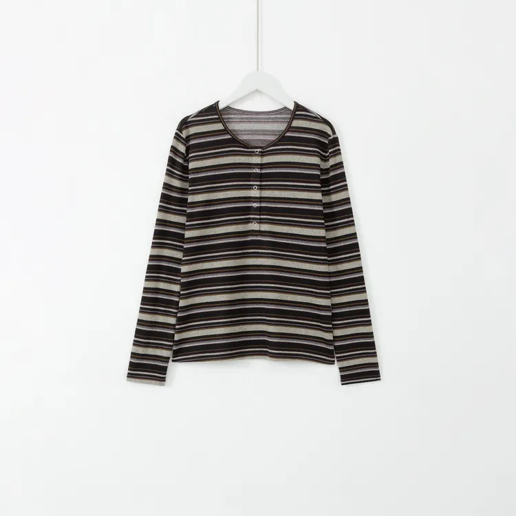 几里与麻 简约条纹宽松长袖半襟T恤 衣长60胸围88 2102246