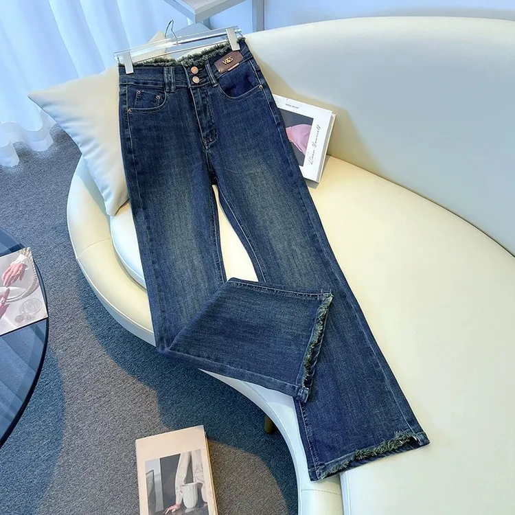 拉夏贝尔高腰微喇牛仔裤女2025秋冬新款减龄时尚设计感小众休闲裤