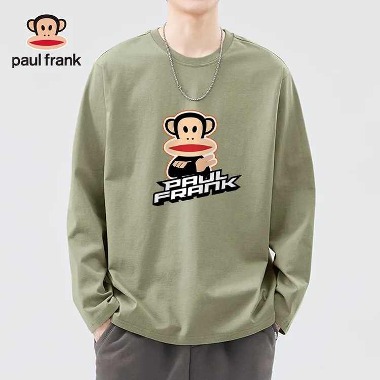 paul frank/大嘴猴纯棉男士长袖t恤秋季宽松创意印花棕榈绿打底衫