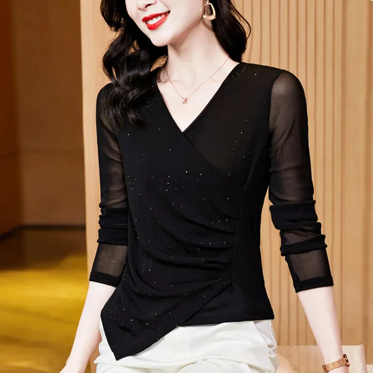 设计感V领网纱烫钻长袖打底衫T恤女早秋时尚气质百搭显瘦上衣2939