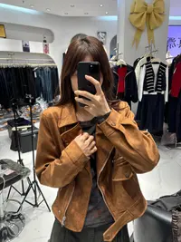 秋季复古麂皮绒拉链设计机车外套8854