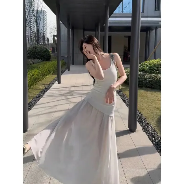 春夏季清冷艺术拼接网纱显瘦吊带连衣裙白色防晒蕾丝边衬衣套装女