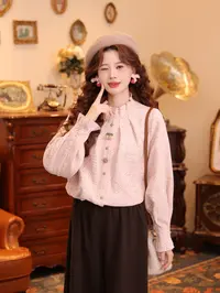 温舒敏【夕雾之绯】港风复古秋冬设计感宽松衬衫百搭上衣MJ1689590