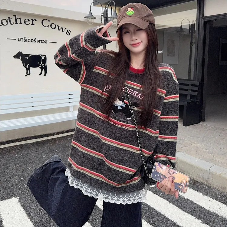 时尚蕾丝美式条纹长袖t恤打底衫女休闲百搭chic潮牌独特漂亮上衣