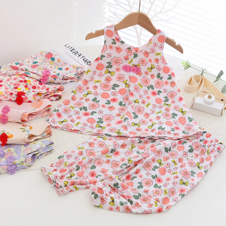 儿童棉绸套装薄款夏季女童国风无袖空调服新中式人造棉背心两件套