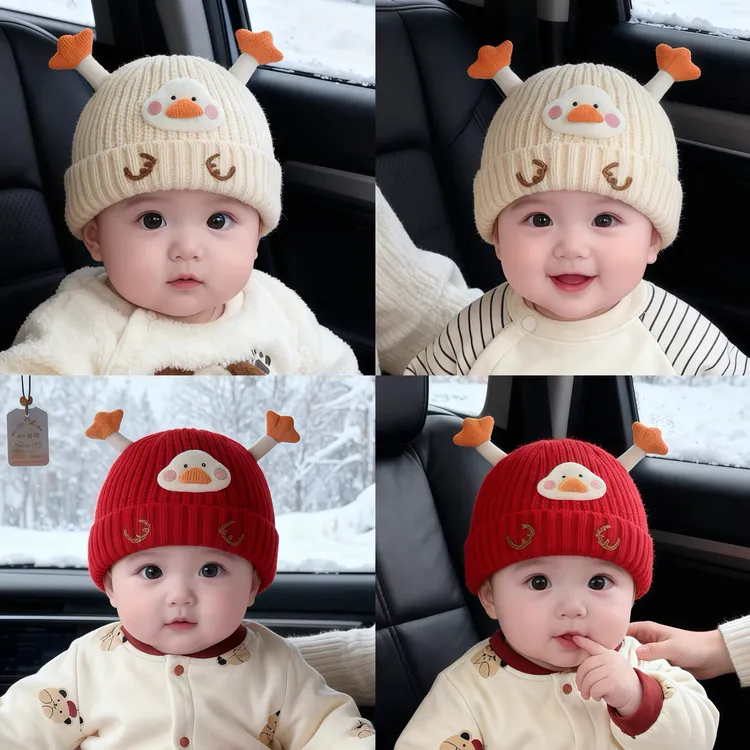 宝宝帽子冬天毛线帽可爱触角超萌婴幼儿加厚保暖针织套头帽护耳帽