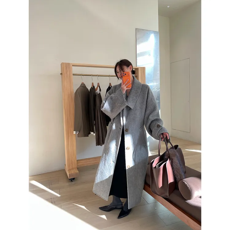 JCCC影子【绿绒谧语】灰绿色苏力混纺翻领廓形长款大衣外套JE5PMD13