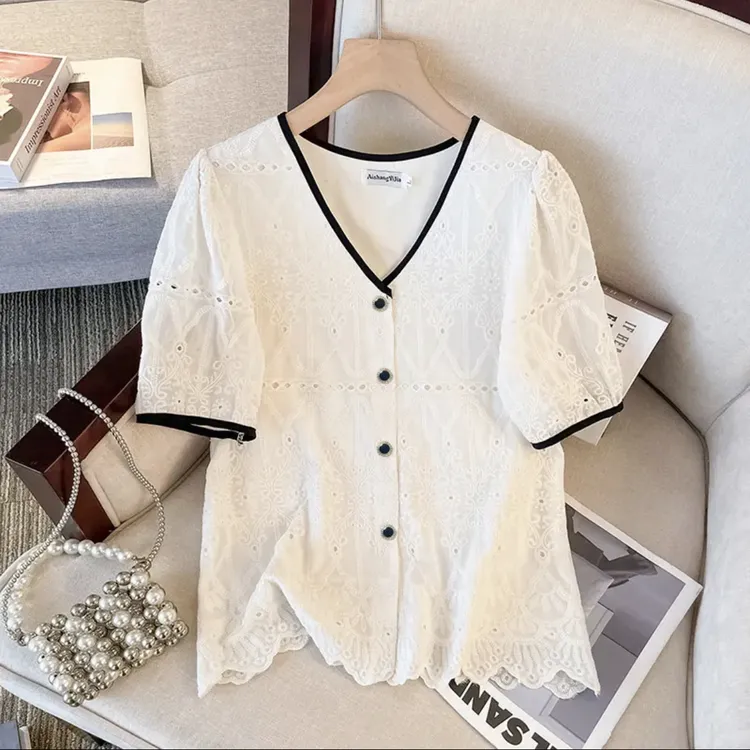 【5590】夏季小香风镂空甜辣ins短袖衬衣法式小众别致开衫上衣女