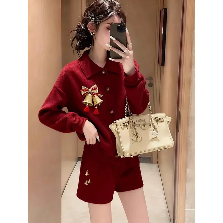 大方得体红色针织套装女2025年新款初冬小个子穿搭上衣裤子两件套