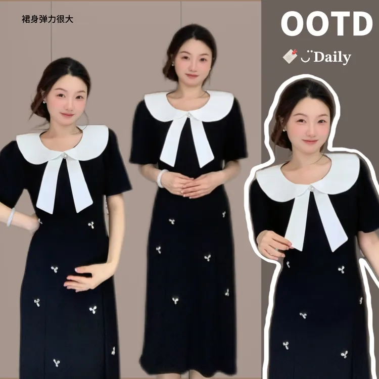 【壹点点甜】孕妇装赫本风娃娃领连衣裙大码气质印花收腰显瘦中长裙