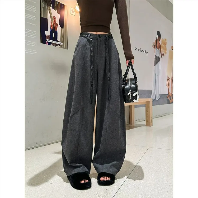 动感少女弯刀休闲裤女秋2025新韩版高腰宽松阔腿裤休闲拖地长裤潮