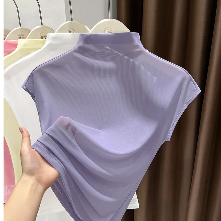 2025夏季爆款紫色冰丝修身打底衫女半高领飞飞袖上衣微透网纱T恤