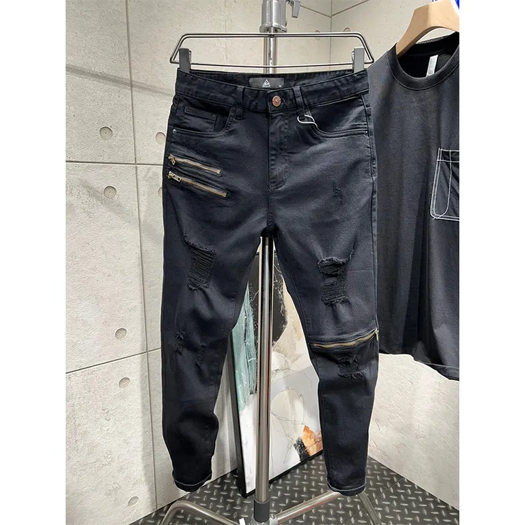 2025新款春夏水洗黑重工艺破洞刮烂乞丐裤修身拉链小脚裤牛仔裤男