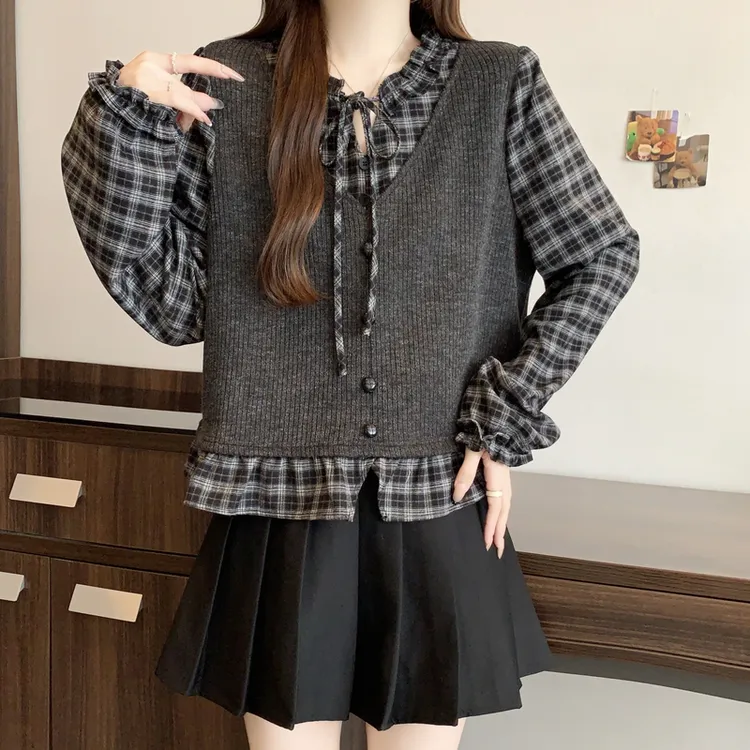 大码胖MM2025秋冬新款法式洋气假两件格子拼接衬衫女气质长袖上衣
