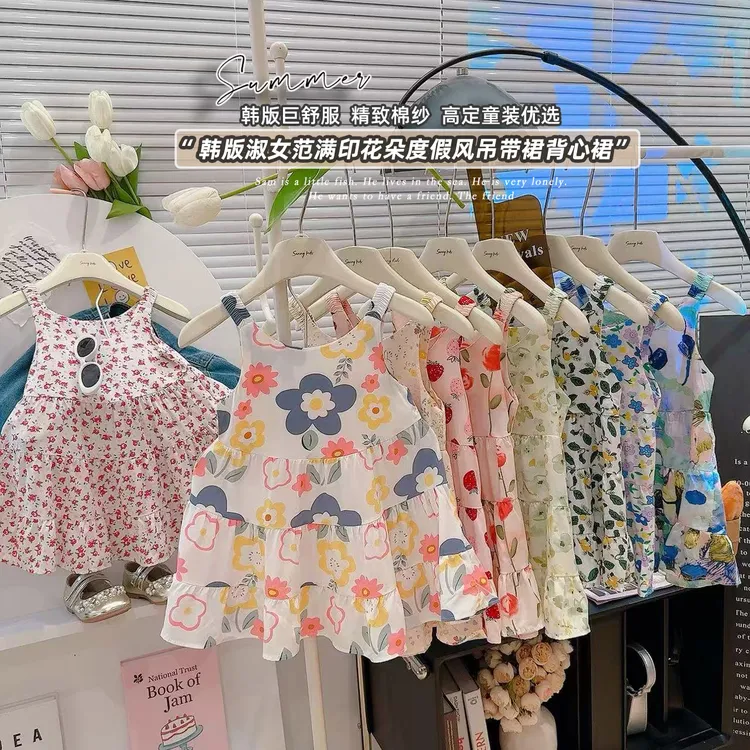 儿童夏季无袖吊带裙女宝宝洋气小花裙韩版夏季空调裙女孩薄款裙子