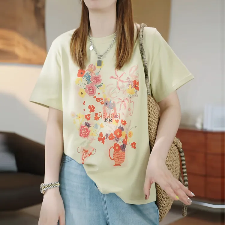 韩版彩色花朵涂鸦印花短袖T恤女夏季新款宽松显瘦百搭休闲上衣ins