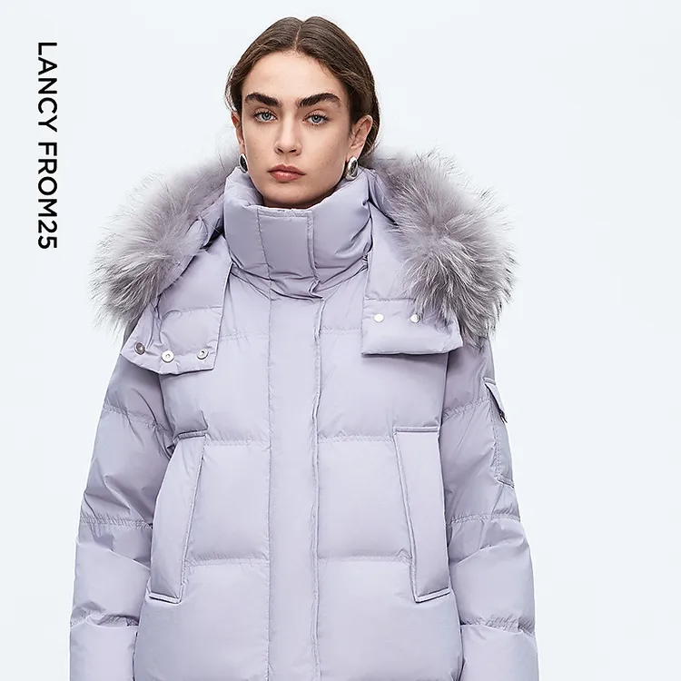 朗姿霍尔多巴吉白鹅绒可拆卸貉子毛立领连帽羽绒服通勤短款面包服
