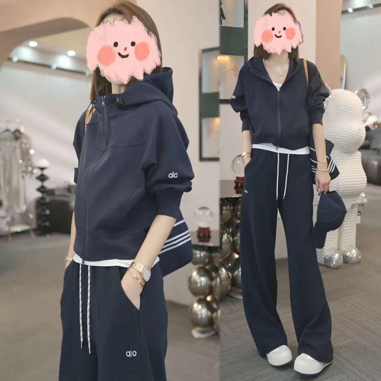 2025早秋新款时尚休闲百搭连帽卫衣外套女运动百搭阔腿裤两件套装