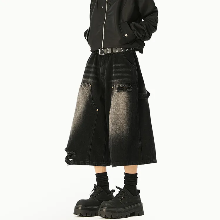 夏季复古水洗做旧破洞牛仔短裤男潮牌宽松情侣百搭直筒七分阔腿裤