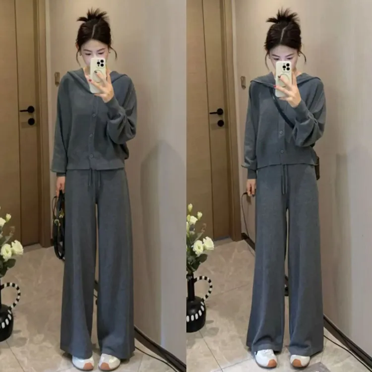 时尚休闲针织套装女2025秋冬新款慵懒风显瘦开衫毛衣阔腿裤两件套