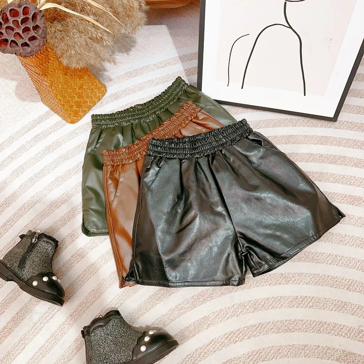 女童皮短裤2025秋款新款韩版宽松阔腿裤皮短裤显瘦外