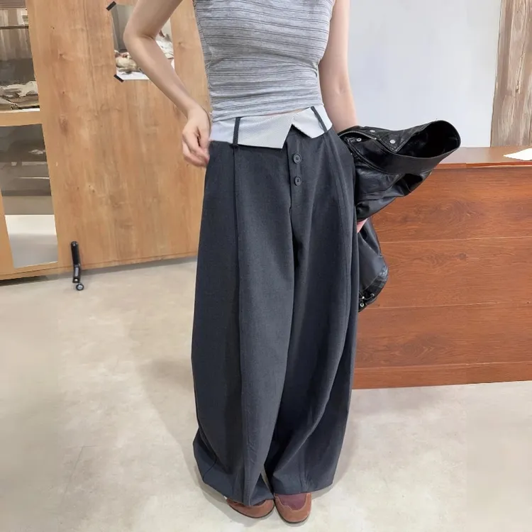 欧货复古设计感时尚松弛感高腰显瘦撞色拼接西装阔腿裤弯刀长裤女