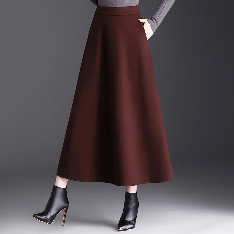 纯色毛呢大摆裙半身裙女秋冬新款显瘦长裙a字裙松紧腰口袋伞裙子