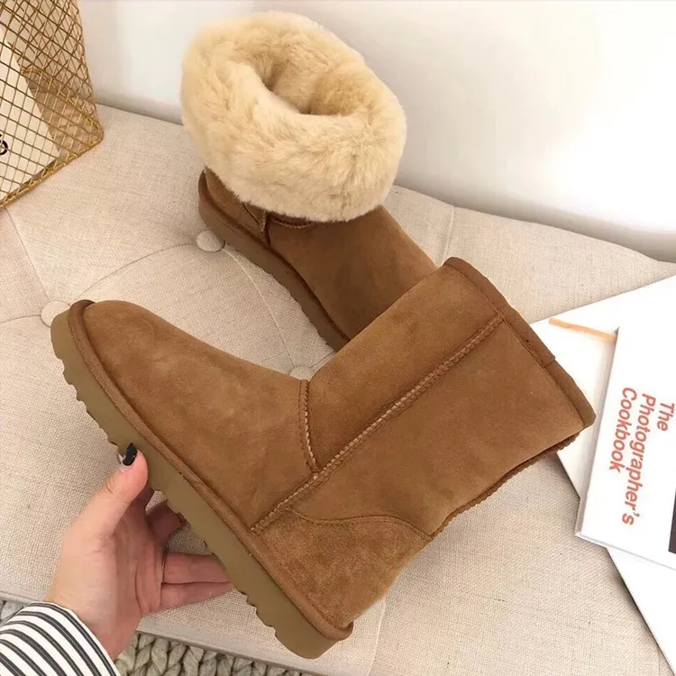 河南桑坡经典女士中筒羊皮毛一体真皮时尚显瘦加厚两穿棉靴韩版