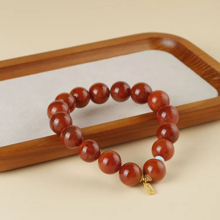 青城山【长安】天然12mm火焰纹南红手串古法K金绿松隔片