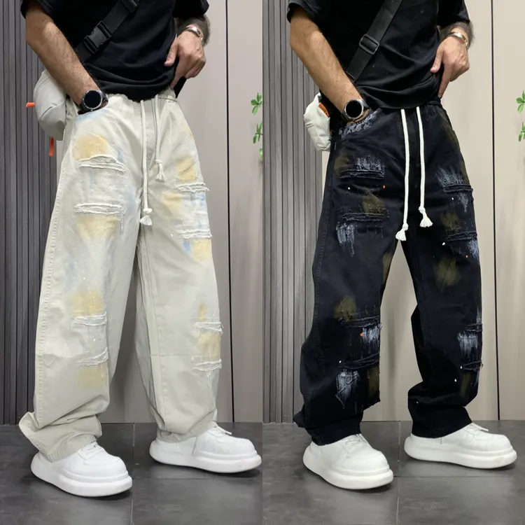 秋季潮流宽松直筒阔腿裤美式高街涂鸦弯刀牛仔裤男士设计感休闲裤
