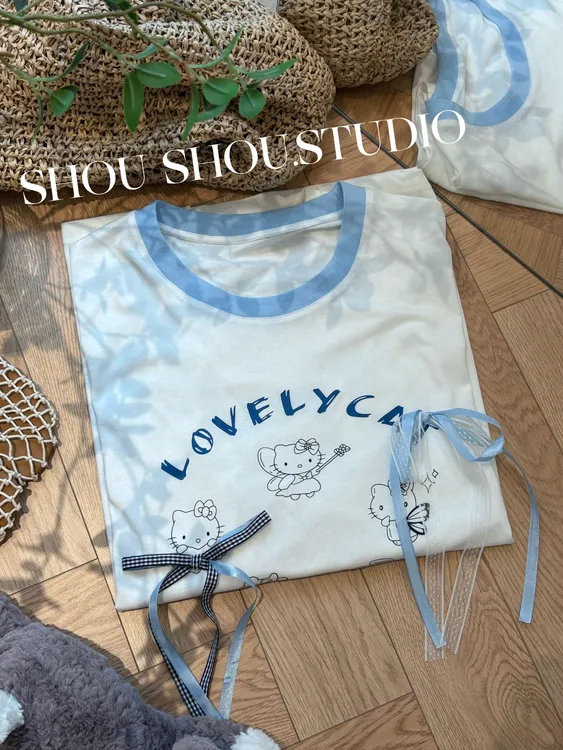 【瘦瘦】蝴蝶结kt-大码夏季圆领撞色印花显瘦百搭防晒长袖S01740