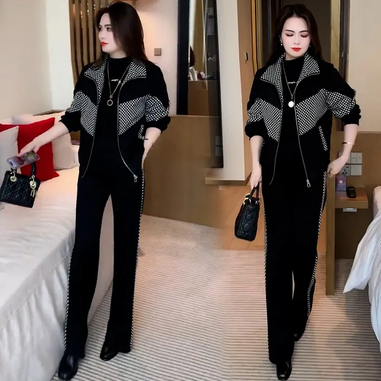 啄木鸟加绒加厚休闲套装女秋季新款格子拼接立领阔腿裤两件套潮