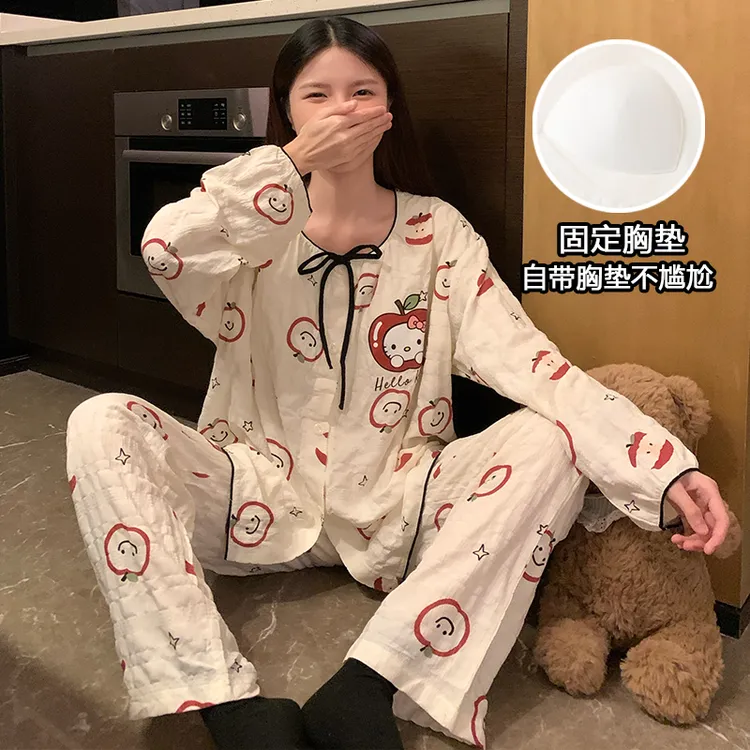 网红可爱苹果猫咪睡衣女款带胸垫宽松长袖韩系学生秋冬家居服套装