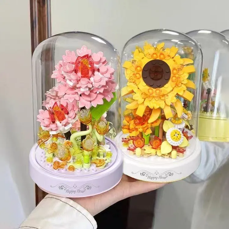 最新款积木花音乐盒生日蛋糕玩具摆件拼装积木情人节礼物送老师