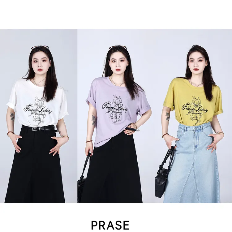 PRASE·噜【字母T】微胖轻奢设计款夏天丝棉时尚印花短袖T恤PR504S40