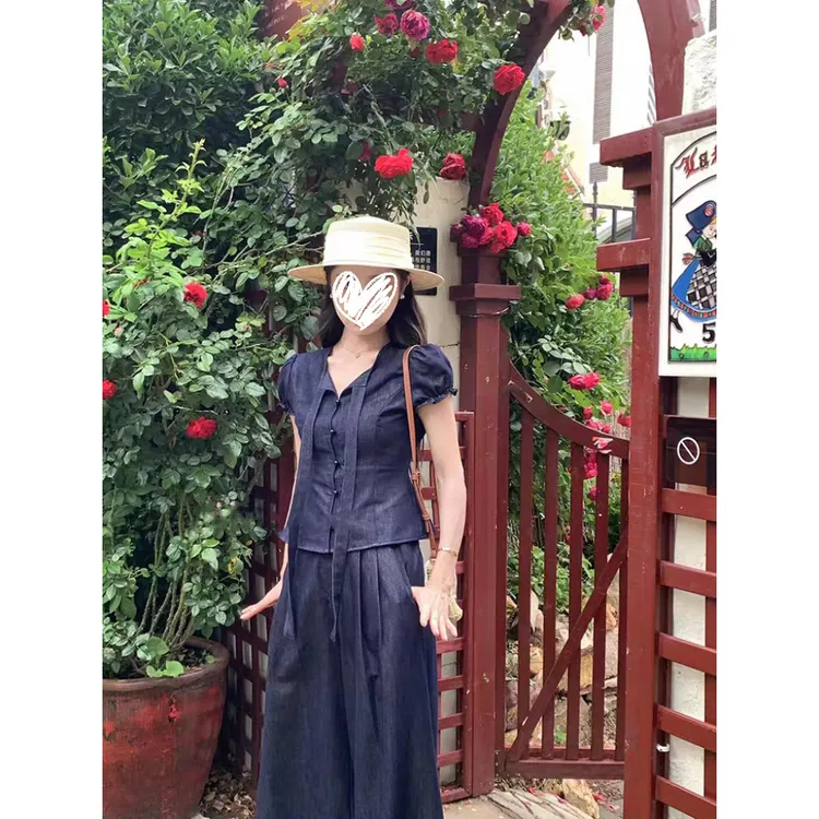 休闲街头风绑带收腰牛仔短袖上衣垂感阔腿休闲裤套装2025夏季