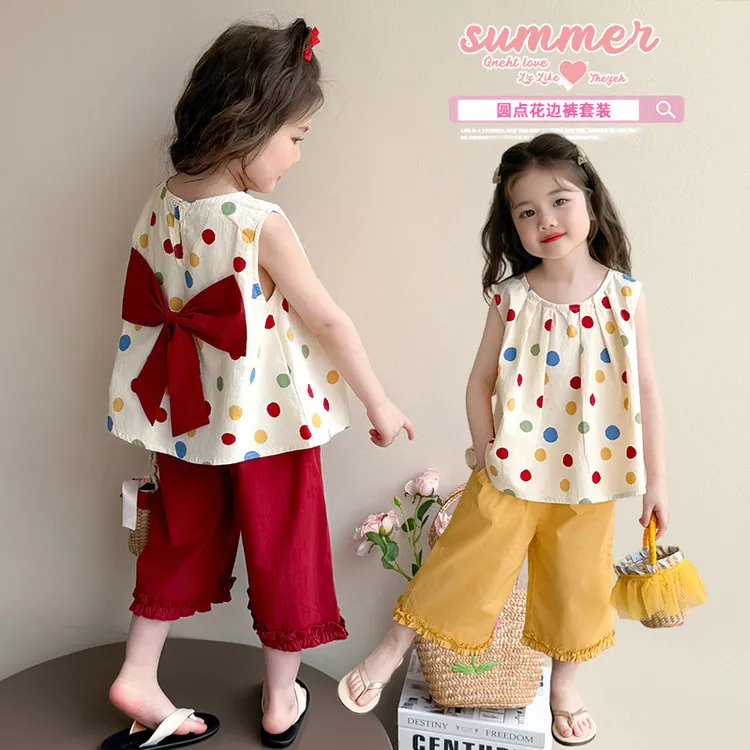 套装韩版夏季女童中小童儿童公主洋气外穿薄款女宝无袖圆点夏天