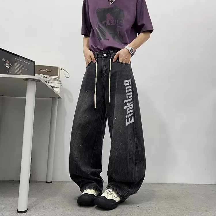 HIP美式泼墨水洗做旧印花弯刀裤秋冬新款vibe阔腿休闲拖地牛仔裤